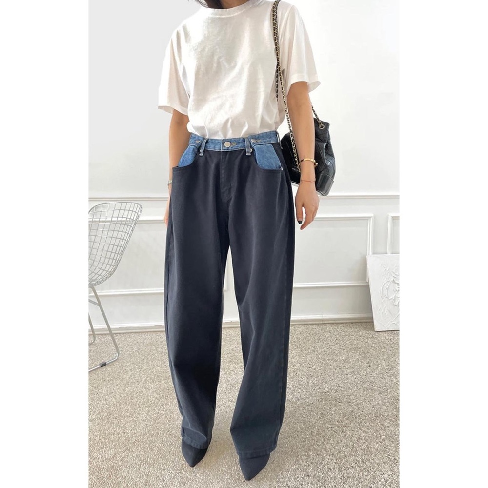 Frankie Shop HAYLA CONTRAST DENIM PANTS - BLACK/BLUE.